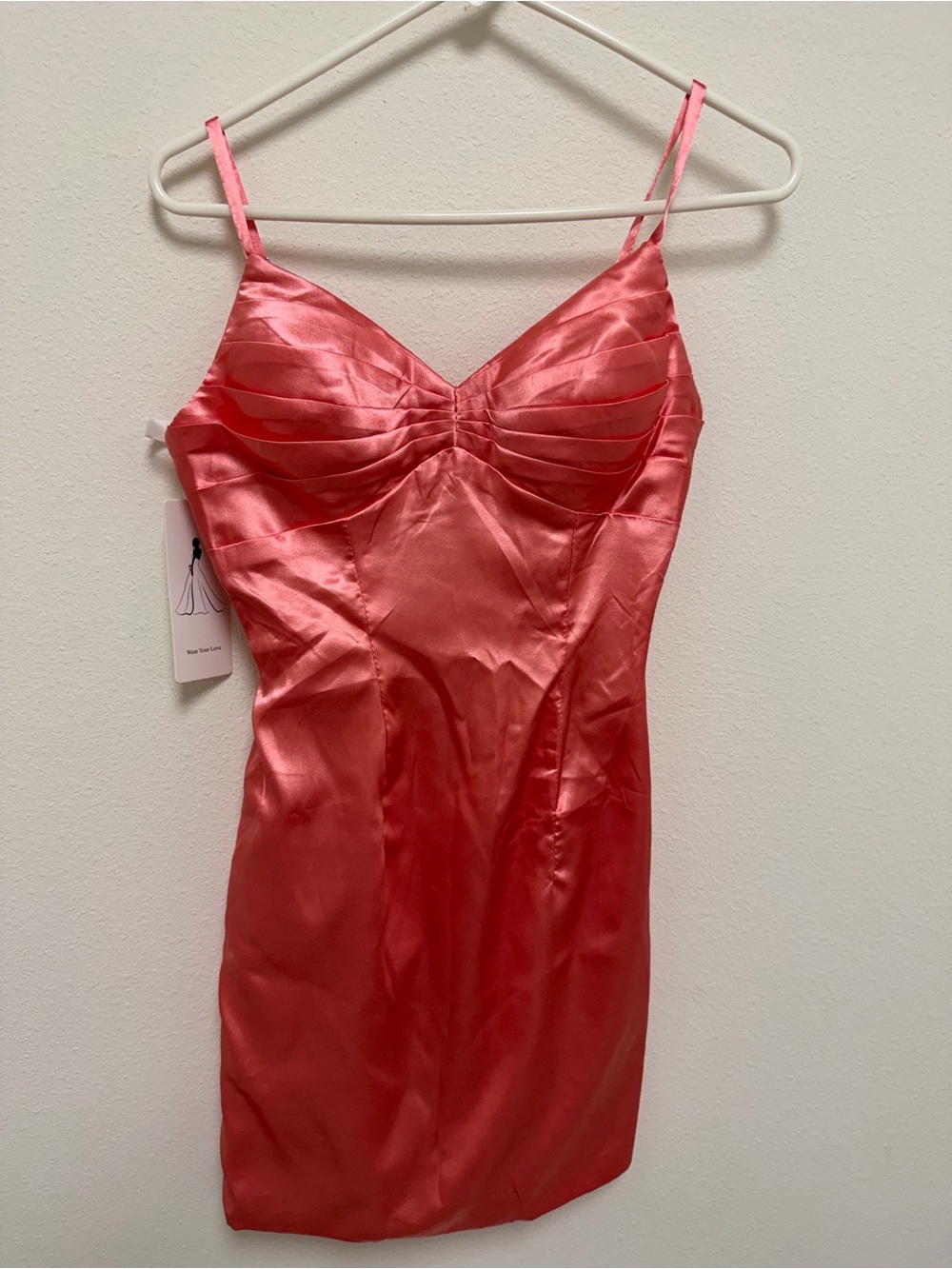 Amazon Coral Satin Midi Slip Dress with Ruched Bust